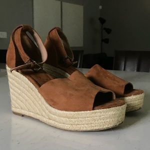Universal Thread Brown faux suede cork wedges with ankle strap buckle closure